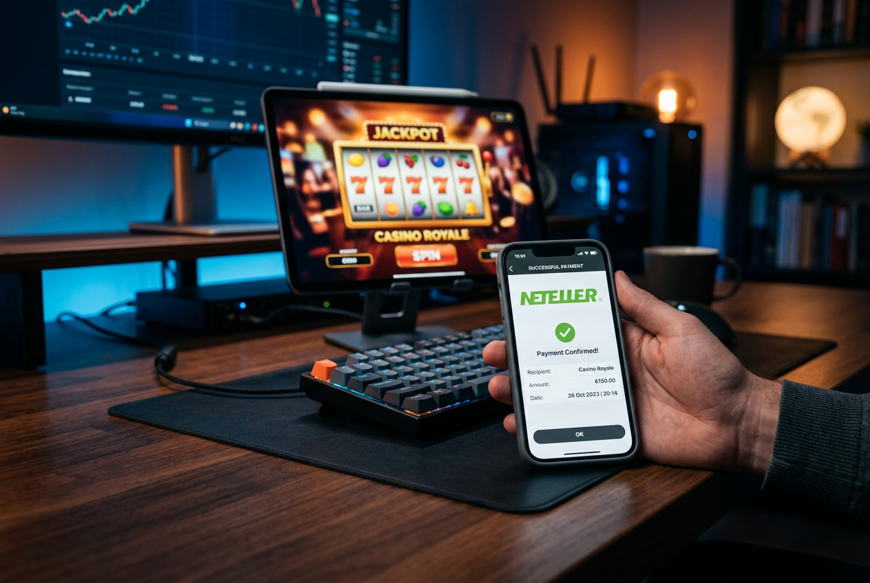 A close-up of a smartphone displaying a Neteller wallet balance next to a tablet showing an online casino lobby.