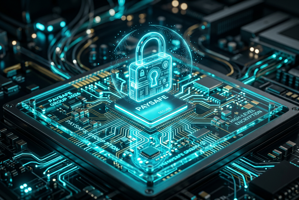 A conceptual image of digital security showing a glowing lock icon over a circuit board representing Paysafe's technology.