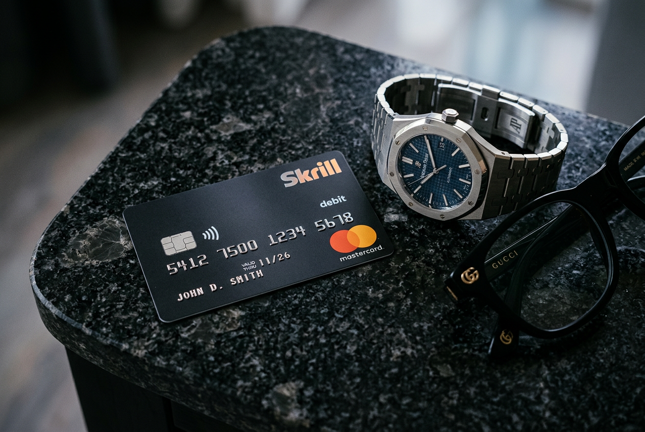 Karta Skrill Prepaid obok luksusowych akcesoriów na ciemnym blacie.