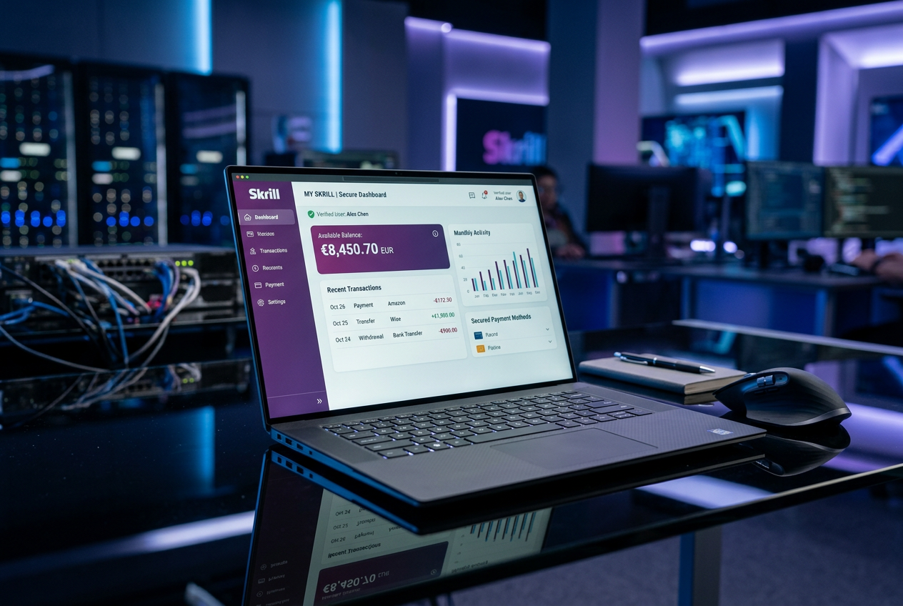 Laptop showing secure Skrill transaction dashboard.