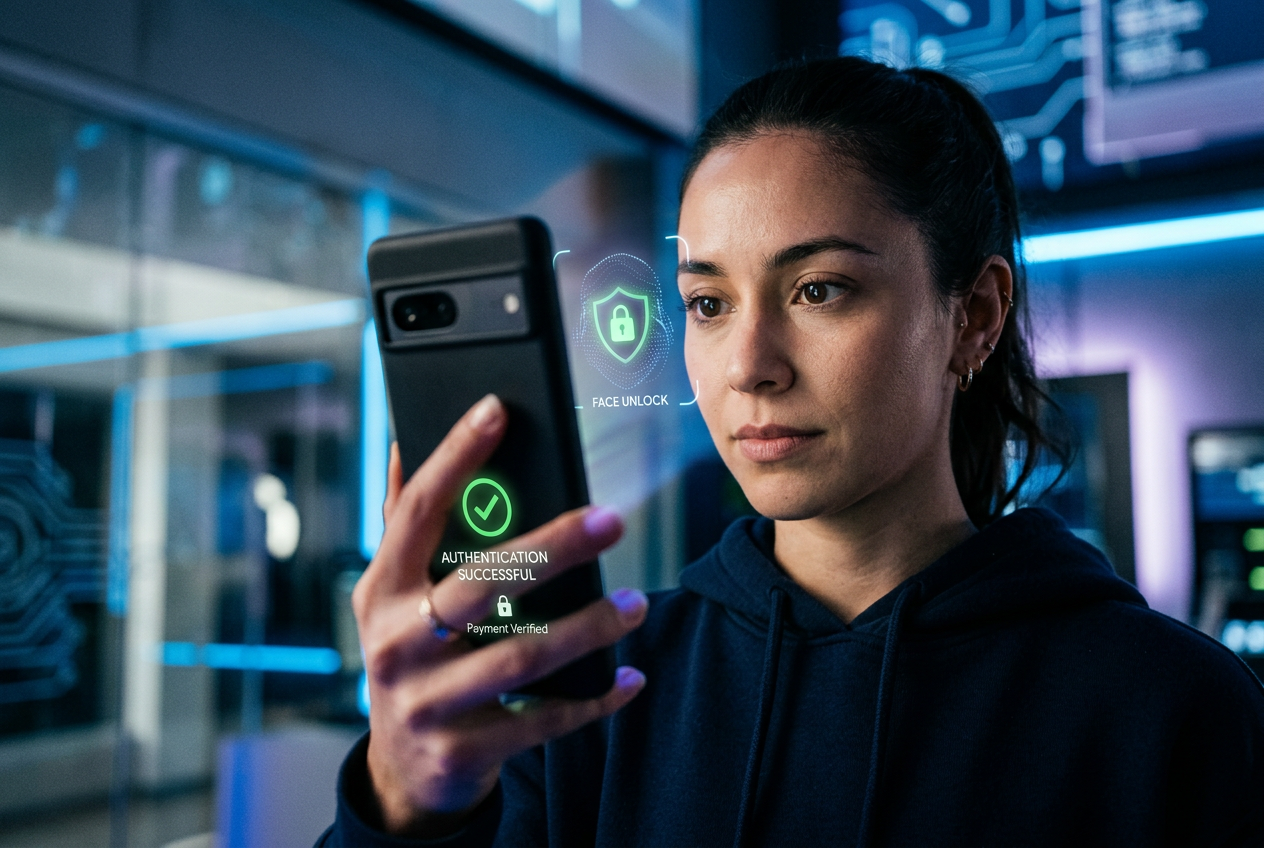 Smartphone showing biometric FaceID authentication for a payment
