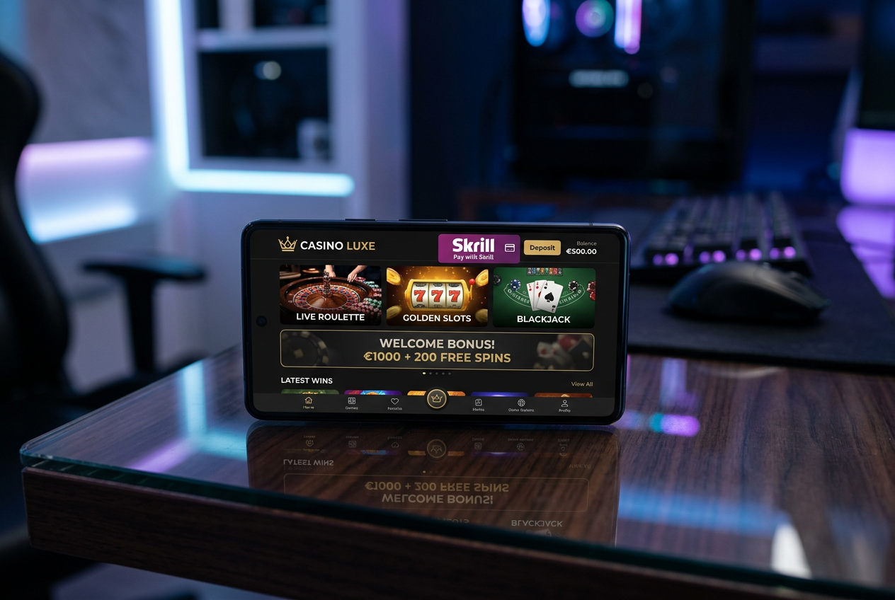 Smartphone showing Skrill payment in a casino app.